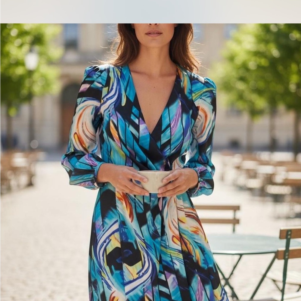 Elegant Blue Multicolor Long Sleeve Dress